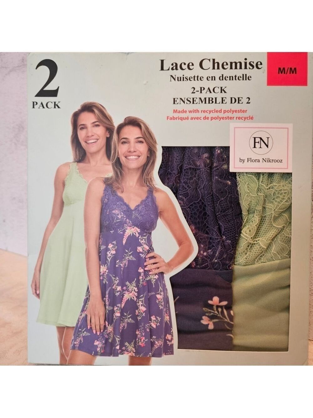 Flora Nikrooz Size M Green and Mauve Floral 2 Pack of Lace Chemises